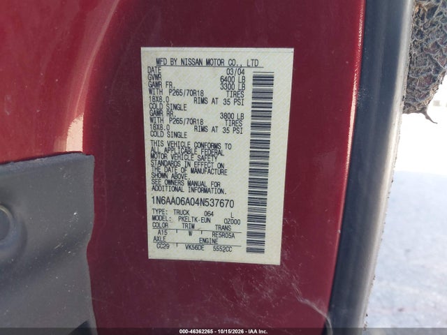 Продаж на аукціоні авто 2004 Nissan Titan Se, vin: 1N6AA06A04N537670, номер лоту: 46362265