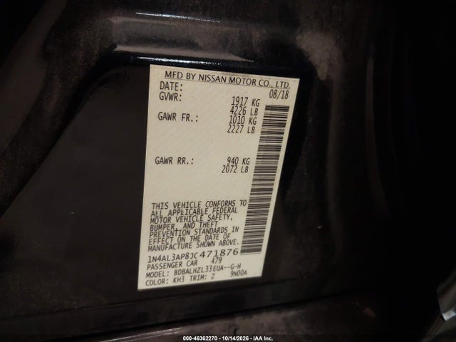 46362270 :رقم المزاد ، 1N4AL3AP8JC471876 vin ، 2018 Nissan Altima 2.5 Sr مزاد بيع