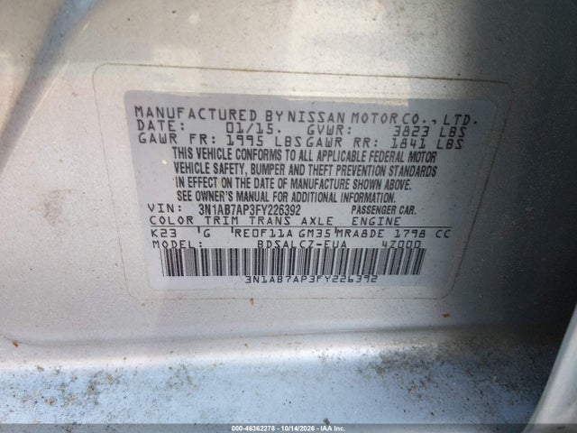 Продаж на аукціоні авто 2015 Nissan Sentra S, vin: 3N1AB7AP3FY226392, номер лоту: 46362278