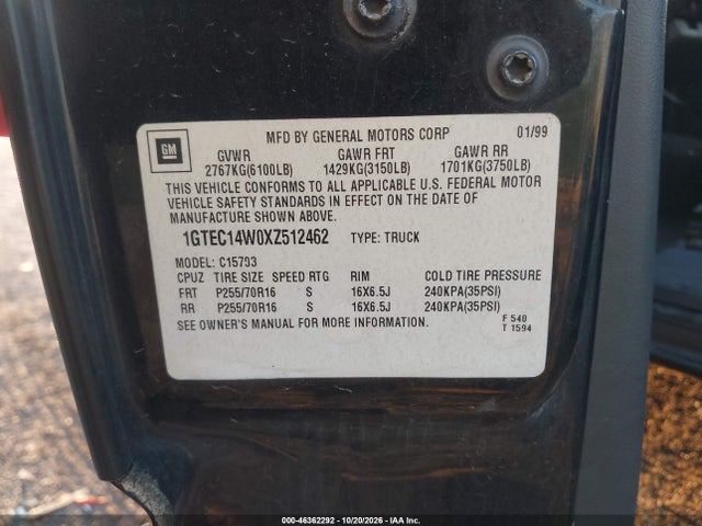 Aukcja sprzedaży 1999 Gmc Sierra 1500 Sl, vin: 1GTEC14W0XZ512462, numer aukcji: 46362292