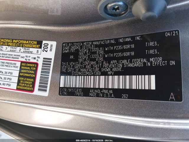 5TDZRKEC0MS041369 Toyota Sienna Limited