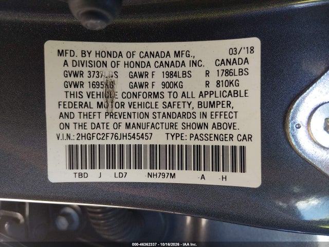Aukcja sprzedaży 2018 Honda Civic Ex, vin: 2HGFC2F76JH545457, numer aukcji: 46362337