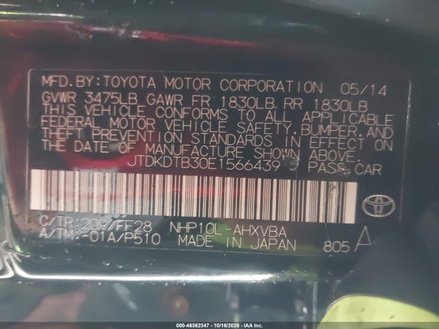 46362347 :رقم المزاد ، JTDKDTB30E1566439 vin ، 2014 Toyota Prius C Two مزاد بيع