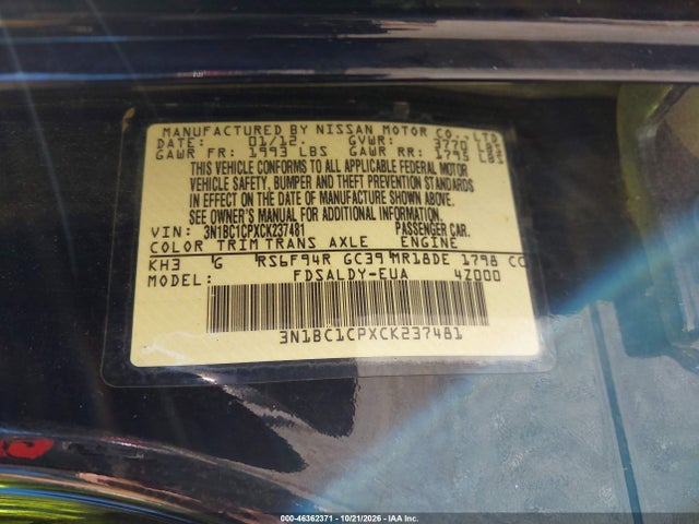 2012 Nissan Versa 1.8 S მანქანა იყიდება აუქციონზე, vin: 3N1BC1CPXCK237481, აუქციონის ნომერი: 46362371
