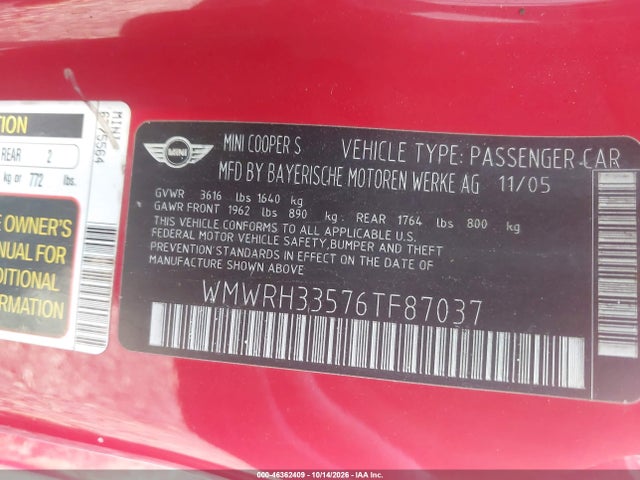 Продаж на аукціоні авто 2006 Mini Cooper S, vin: WMWRH33576TF87037, номер лоту: 46362409