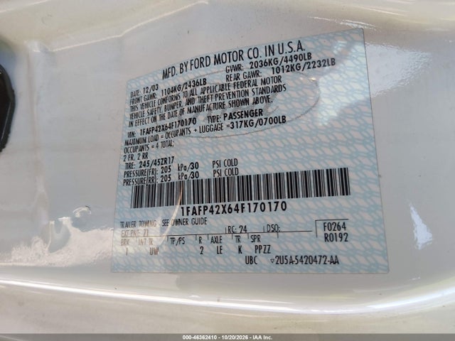 Aukcja sprzedaży 2004 Ford Mustang Gt, vin: 1FAFP42X64F170170, numer aukcji: 46362410