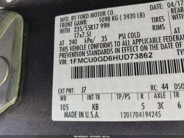 46362434 :رقم المزاد ، 1FMCU0GD6HUD73862 vin ، 2017 Ford Escape Se مزاد بيع