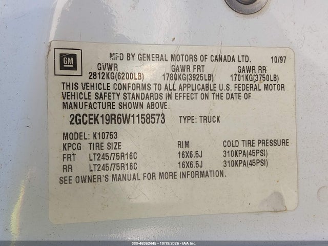 Aukcja sprzedaży 1998 Chevrolet K1500 Fleetside, vin: 2GCEK19R6W1158573, numer aukcji: 46362445
