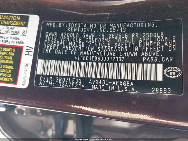 Продажа на аукционе авто 2013 Toyota Avalon Hybrid Xle Touring, vin: 4T1BD1EB8DU012002, номер лота: 46362462