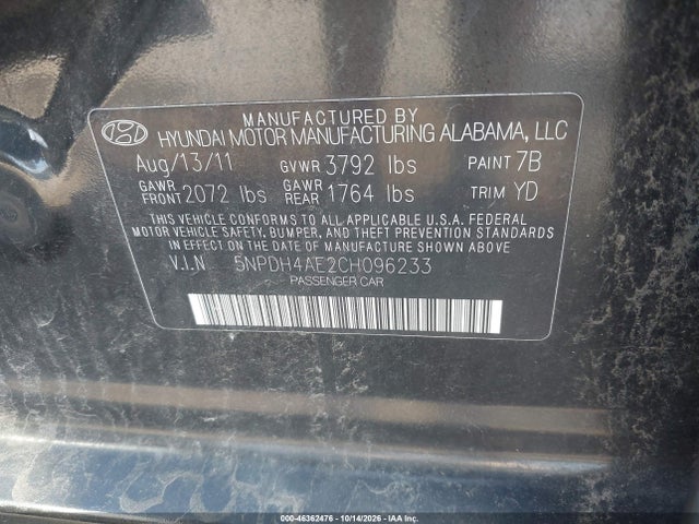 Aukcja sprzedaży 2012 Hyundai Elantra Gls, vin: 5NPDH4AE2CH096233, numer aukcji: 46362476