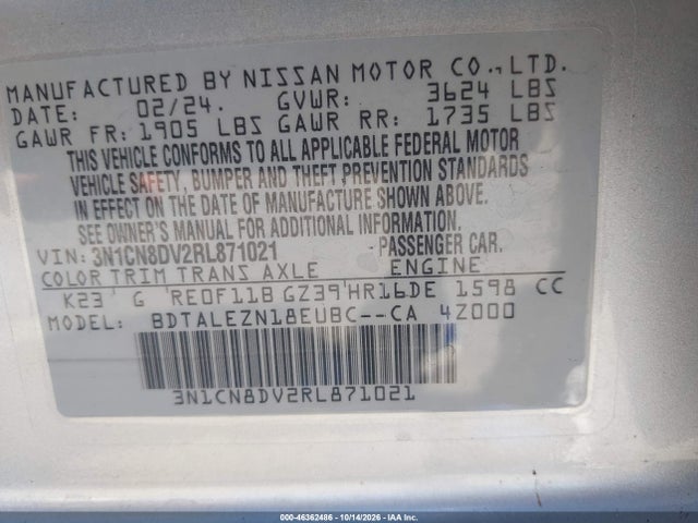 Aukcja sprzedaży 2024 Nissan Versa 1.6 S, vin: 3N1CN8DV2RL871021, numer aukcji: 46362486