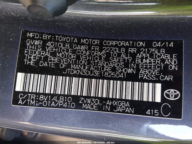Aukcja sprzedaży 2014 Toyota Prius Four, vin: JTDKN3DU3E1825041, numer aukcji: 46362492