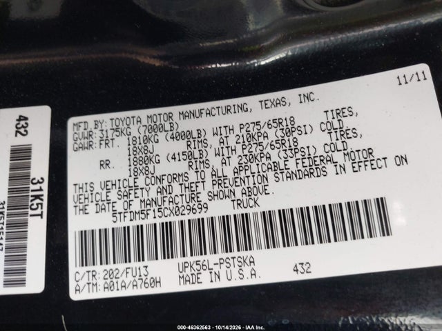 46362563 :رقم المزاد ، 5TFDM5F15CX029699 vin ، 2012 Toyota Tundra Grade 4.6l V8 مزاد بيع