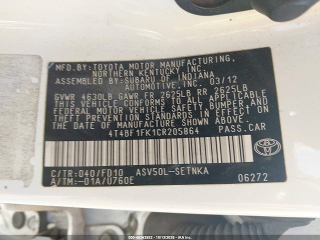 Aukcja sprzedaży 2012 Toyota Camry Le, vin: 4T4BF1FK1CR205864, numer aukcji: 46362582