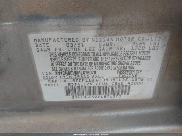 Продаж на аукціоні авто 2021 Nissan Versa Sv Xtronic Cvt, vin: 3N1CN8EV8ML876070, номер лоту: 46362603
