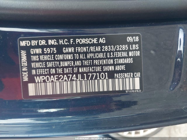2018 Porsche Panamera E-hybrid 4 მანქანა იყიდება აუქციონზე, vin: WP0AE2A74JL177101, აუქციონის ნომერი: 46362697