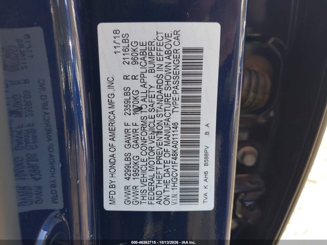 Продажа на аукционе авто 2019 Honda Accord Ex, vin: 1HGCV1F48KA011146, номер лота: 46362715