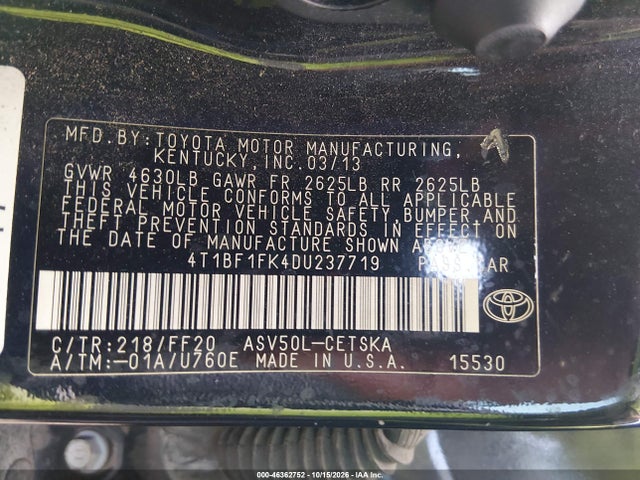 Aukcja sprzedaży 2013 Toyota Camry Se, vin: 4T1BF1FK4DU237719, numer aukcji: 46362752