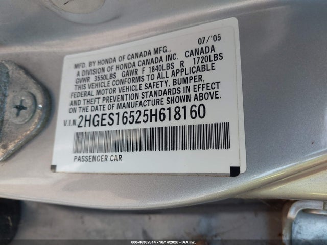 2005 Honda Civic Lx მანქანა იყიდება აუქციონზე, vin: 2HGES16525H618160, აუქციონის ნომერი: 46362814