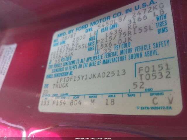 Aukcja sprzedaży 1988 Ford F150, vin: 1FTDF15Y1JKA02513, numer aukcji: 46362847