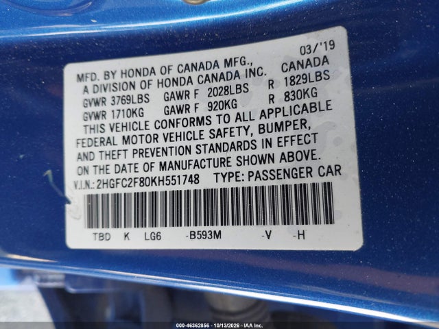 2HGFC2F80KH551748 Honda Civic Sport