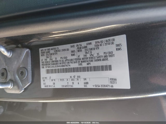 Продажа на аукционе авто 2017 Ford Escape Titanium, vin: 1FMCU0JD5HUB87674, номер лота: 46362894