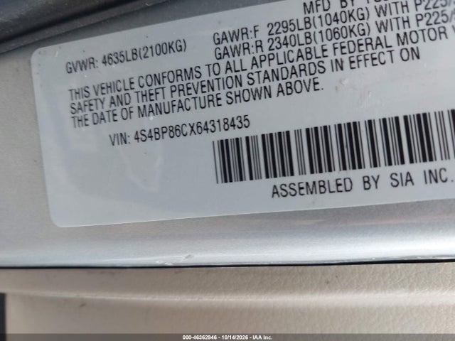 46362946 :رقم المزاد ، 4S4BP86CX64318435 vin ، 2006 Subaru Outback 3.0r L.l. Bean Edition مزاد بيع