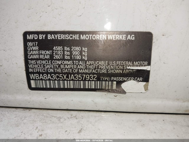 46362954 :رقم المزاد ، WBA8A3C5XJA357932 vin ، 2018 Bmw 320i Xdrive مزاد بيع