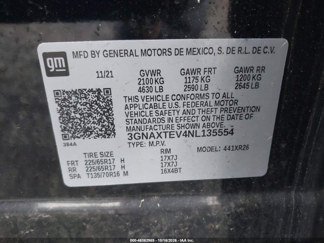 Aukcja sprzedaży 2022 Chevrolet Equinox Awd 2fl, vin: 3GNAXTEV4NL135554, numer aukcji: 46362969
