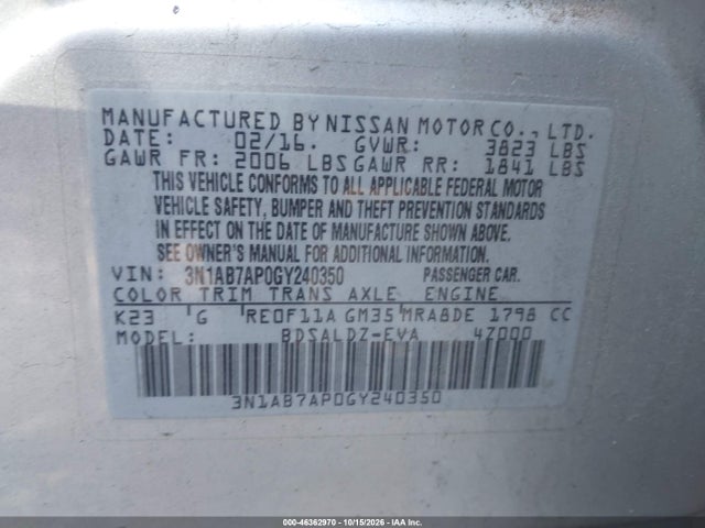 Продажа на аукционе авто 2016 Nissan Sentra Sv, vin: 3N1AB7AP0GY240350, номер лота: 46362970