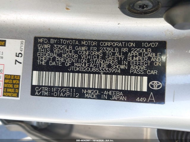 Aukcja sprzedaży 2008 Toyota Prius, vin: JTDKB20U883333994, numer aukcji: 46362981
