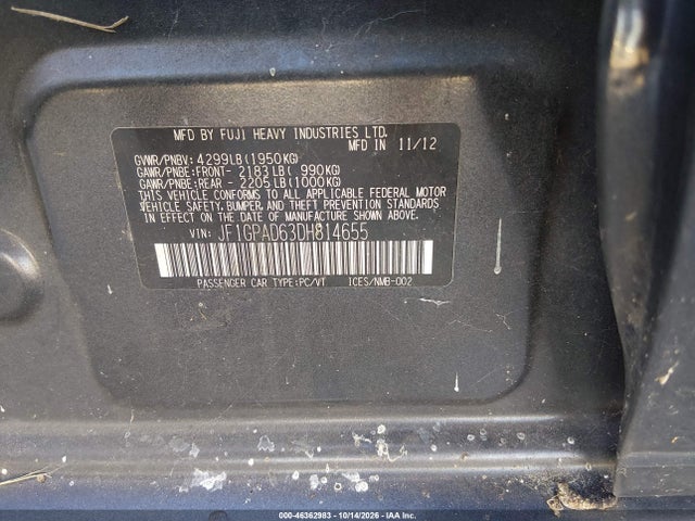 Aukcja sprzedaży 2013 Subaru Impreza 2.0i Premium, vin: JF1GPAD63DH814655, numer aukcji: 46362983