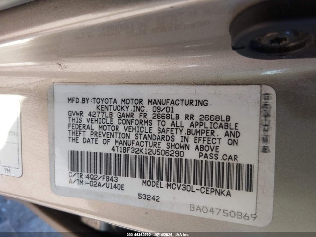 Aukcja sprzedaży 2002 Toyota Camry Le V6, vin: 4T1BF32K12U506290, numer aukcji: 46362992
