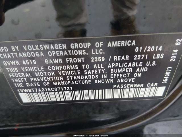 Продаж на аукціоні авто 2014 Volkswagen Passat 1.8t Se, vin: 1VWBT7A31EC071731, номер лоту: 46363011