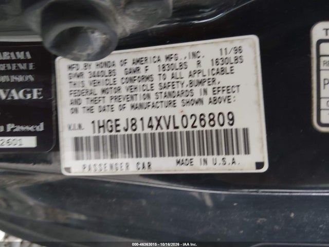 Aukcja sprzedaży 1997 Honda Civic Ex, vin: 1HGEJ814XVL026809, numer aukcji: 46363015