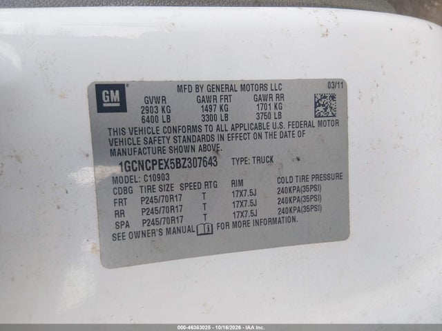 2011 Chevrolet Silverado 1500 Work Truck მანქანა იყიდება აუქციონზე, vin: 1GCNCPEX5BZ307643, აუქციონის ნომერი: 46363025
