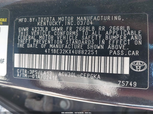 46363098 :رقم المزاد ، 4T1BE32KX4U882251 vin ، 2004 Toyota Camry Xle مزاد بيع