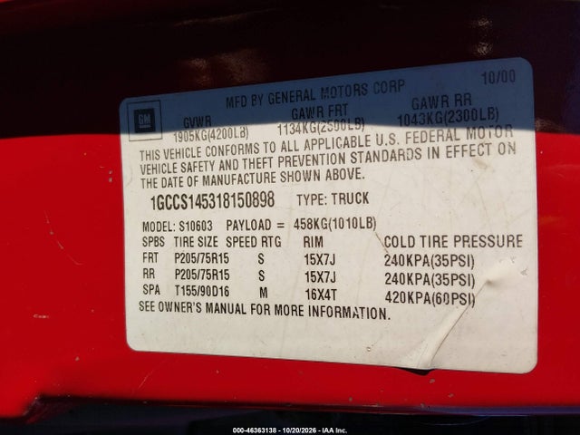 46363138 :رقم المزاد ، 1GCCS145318150898 vin ، 2001 Chevrolet S-10 Ls مزاد بيع