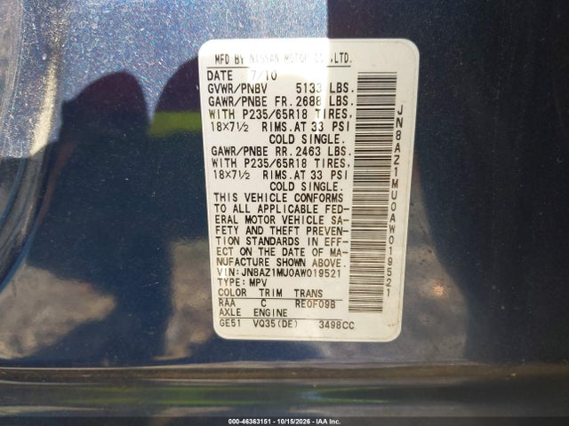46363151 :رقم المزاد ، JN8AZ1MU0AW019521 vin ، 2010 Nissan Murano Sl مزاد بيع