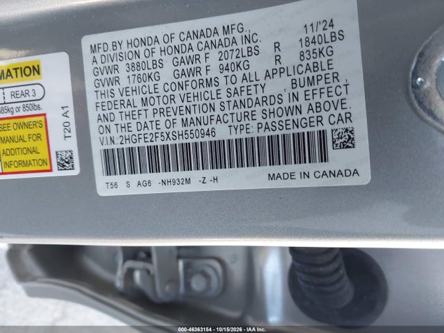 Honda Civic Sport 2025 2HGFE2F5XSH550946 Image 9