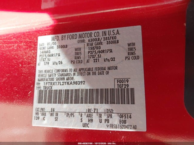 Продаж на аукціоні авто 2000 Ford F-150 Lariat/work Series/xl/xlt, vin: 1FTRX17L2YKA98392, номер лоту: 46363168