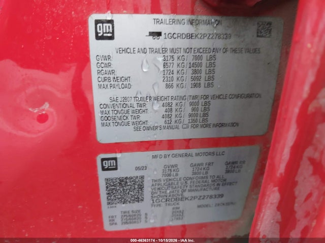 46363174 :رقم المزاد ، 1GCRDBEK2PZ278339 vin ، 2023 Chevrolet Silverado 1500 4wd  Standard Bed Custom مزاد بيع