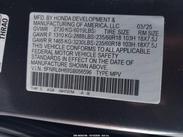 5FNRL6H69SB056596 Honda Odyssey Ex-l