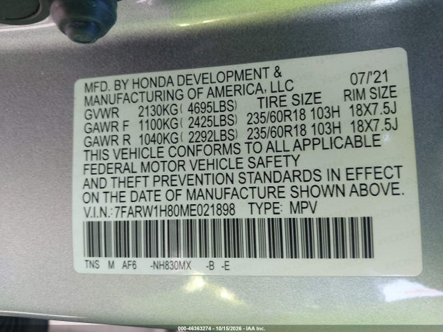 2021 Honda Cr-v 2wd Ex-l მანქანა იყიდება აუქციონზე, vin: 7FARW1H80ME021898, აუქციონის ნომერი: 46363274