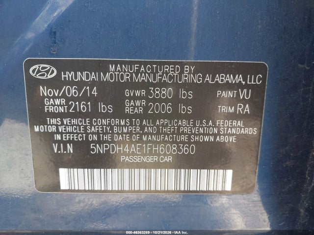 Aukcja sprzedaży 2015 Hyundai Elantra Se, vin: 5NPDH4AE1FH608360, numer aukcji: 46363289