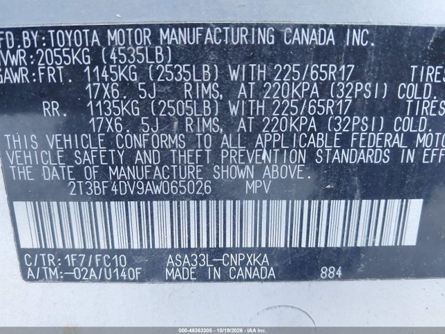 46363305 :رقم المزاد ، 2T3BF4DV9AW065026 vin ، 2010 Toyota Rav4 مزاد بيع