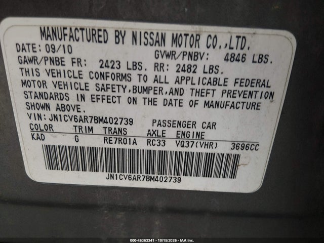 2011 Infiniti G37x მანქანა იყიდება აუქციონზე, vin: JN1CV6AR7BM402739, აუქციონის ნომერი: 46363341