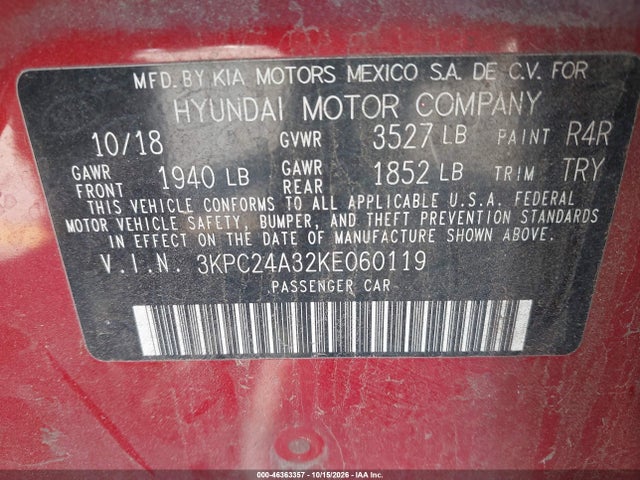 46363357 :رقم المزاد ، 3KPC24A32KE060119 vin ، 2019 Hyundai Accent Se مزاد بيع