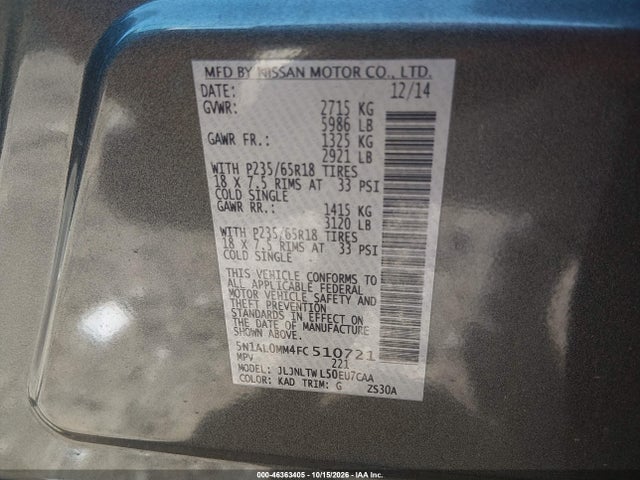 Продаж на аукціоні авто 2015 Infiniti Qx60, vin: 5N1AL0MM4FC510721, номер лоту: 46363405