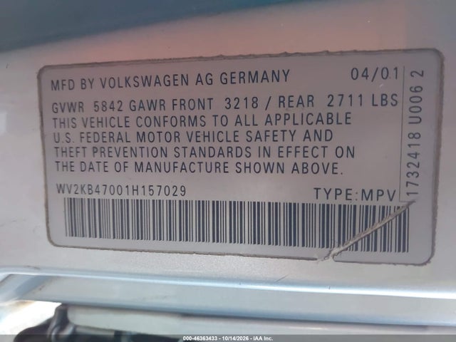 46363433 :رقم المزاد ، WV2KB47001H157029 vin ، 2001 Volkswagen Eurovan Gls مزاد بيع